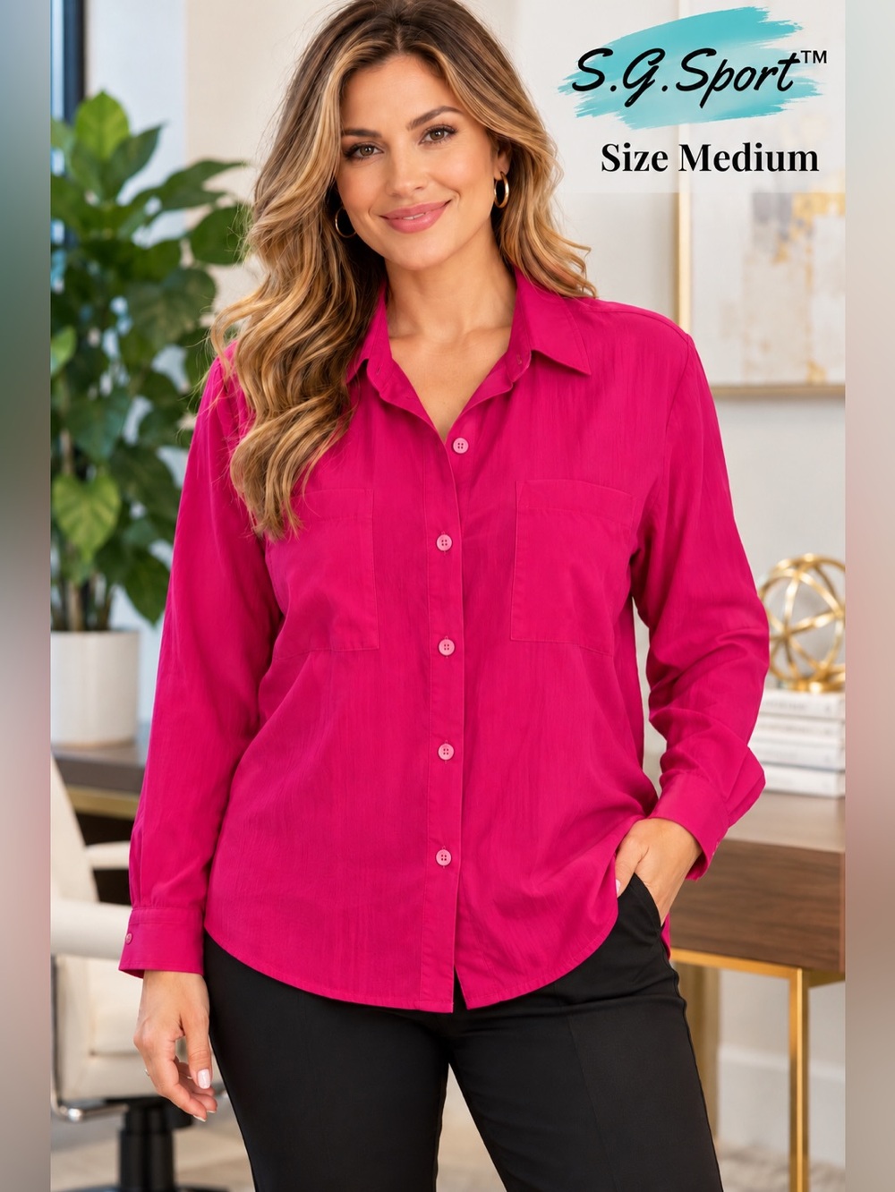 S.G. Sport Women’s Medium Fuchsia Pink Button Down Blouse Long Sleeve